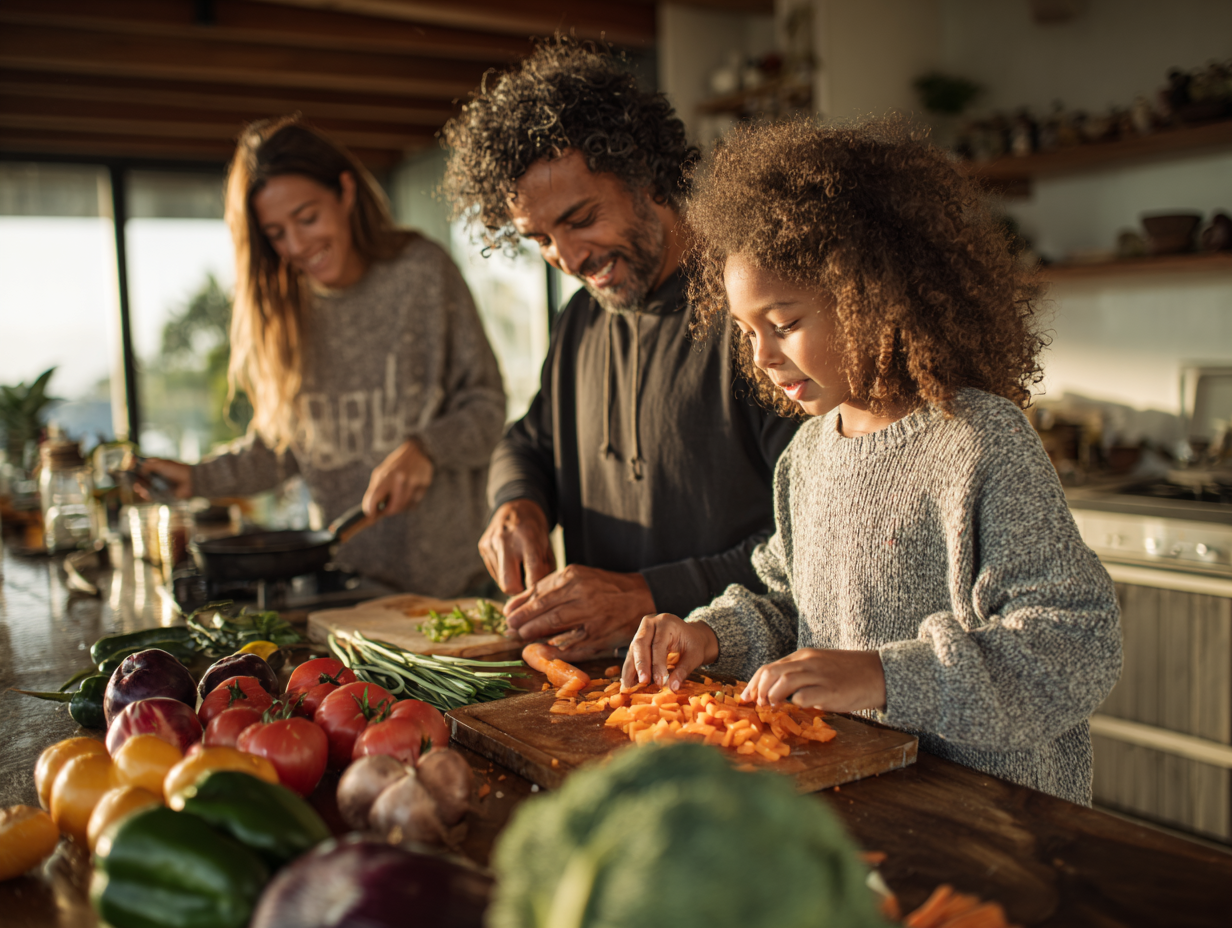 Різноманітні свіжі овочі та фрукти на кухонному столі
